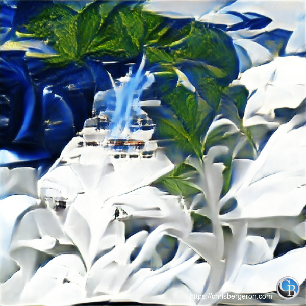 "a white megayacht with blue smoke"