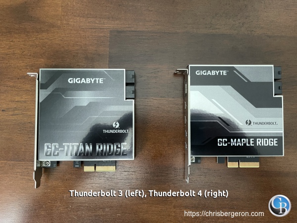 Picture of two Gigabyte Ridge series Thunderbolt cards side by side GC-Maple Ridge