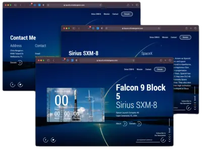 Screenshot of a rocket launch website. launch.chrisbergeron.com