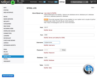 Screenshot of an NZBGet Mysql Extension NZBget Mysql Extension