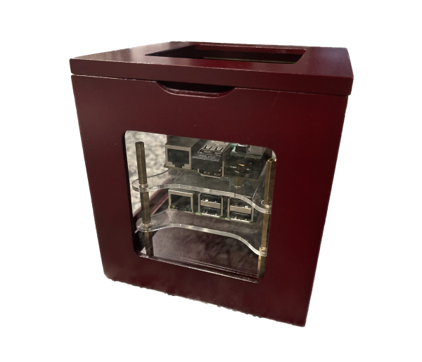 A wooden box with glass panels housing a few Raspberry Pi computers. Pi Display Case